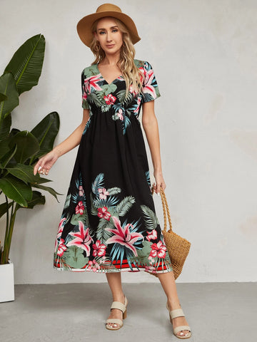 EMERY ROSE Tropical Print Surplice Neck A-line Dress