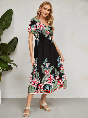 EMERY ROSE Tropical Print Surplice Neck A-line Dress