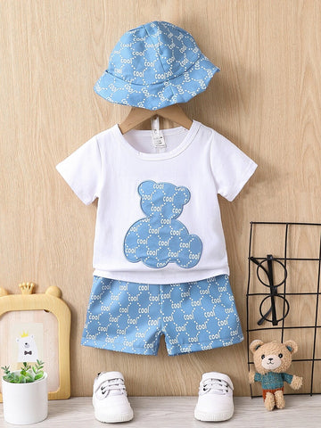 Baby Bear & Letter Graphic Tee & Shorts & Hat