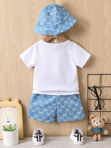 Baby Bear & Letter Graphic Tee & Shorts & Hat