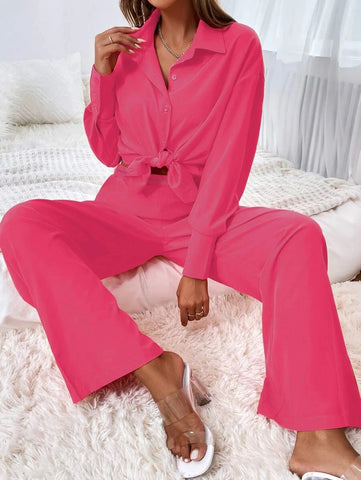 Button Front Shirt & Wide Leg Pants