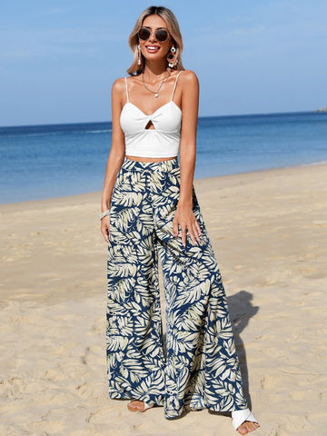 VCAY Solid Cut Out Crop Cami Top & Tropical Print Wide Leg Pants