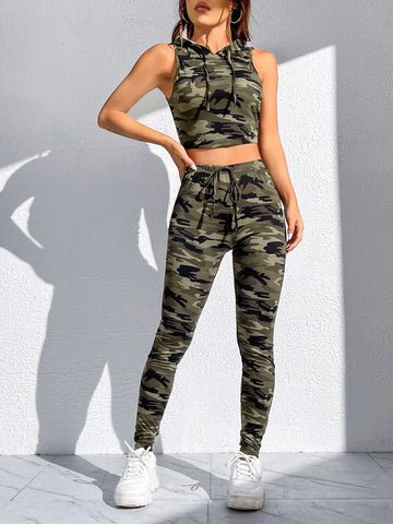 EZwear Camo Print Hooded Tank Top & Leggings