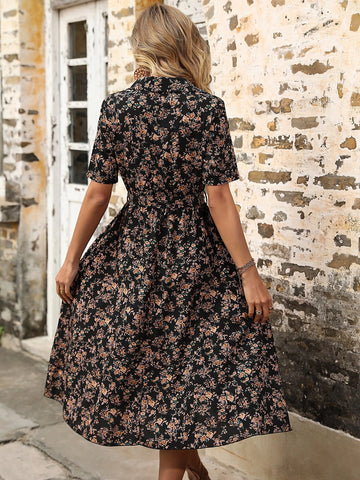 All Over Floral Print Belted Shirt Dress