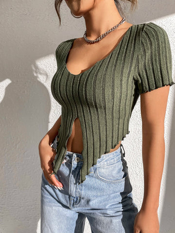 Lettuce Trim Notched Neckline Tee