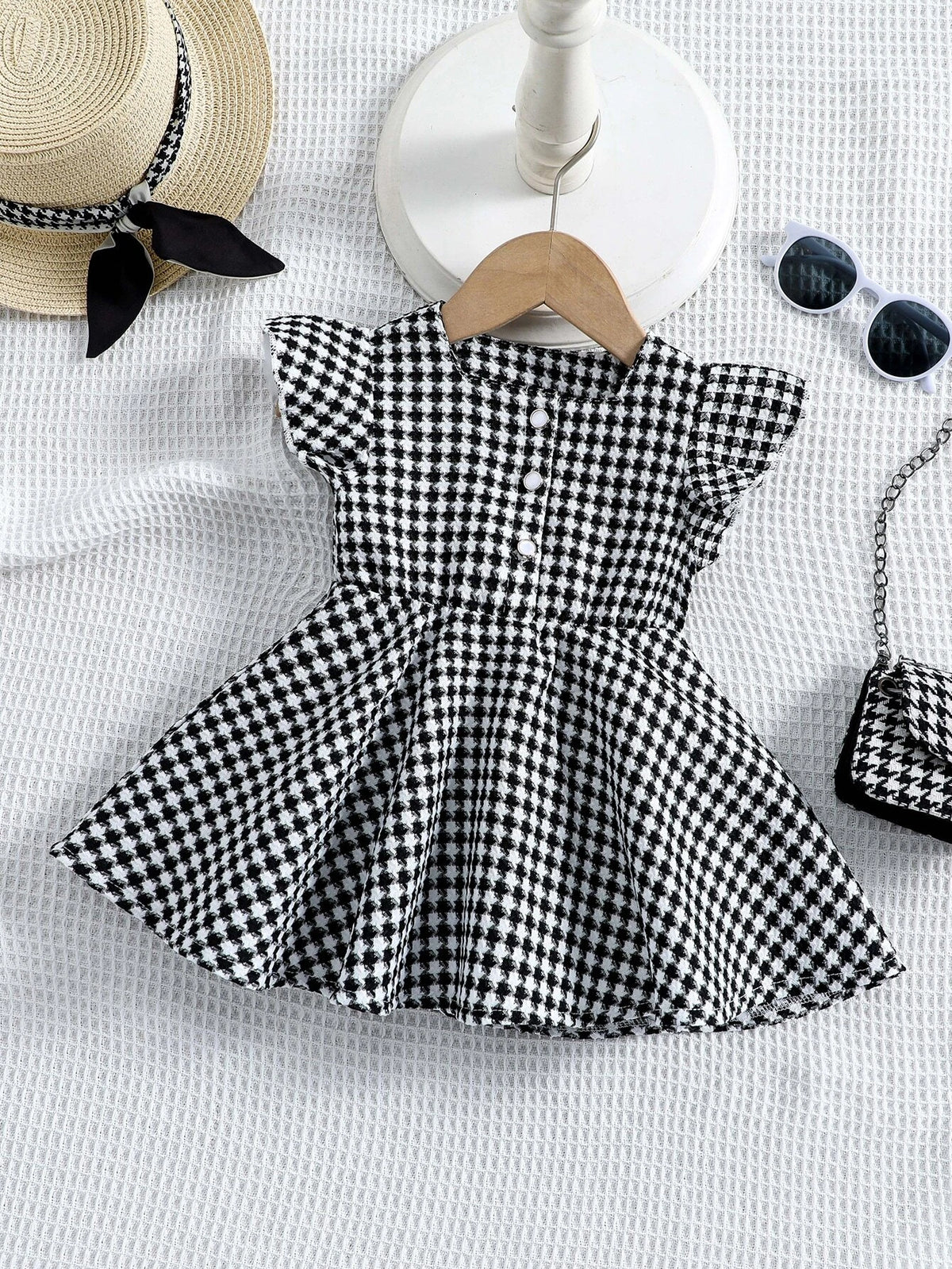 Baby Houndstooth Print Ruffle Trim Dress