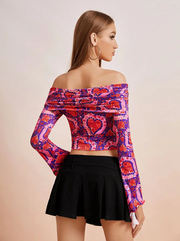 Heart Print Off Shoulder Bell Sleeve Lettuce Trim Crop Tee