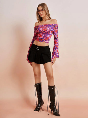 Heart Print Off Shoulder Bell Sleeve Lettuce Trim Crop Tee