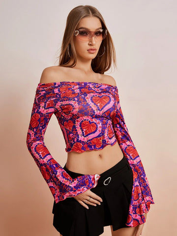 Heart Print Off Shoulder Bell Sleeve Lettuce Trim Crop Tee