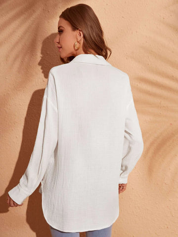 VCAY Drop Shoulder Curved Hem Blouse