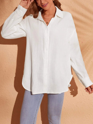 VCAY Drop Shoulder Curved Hem Blouse