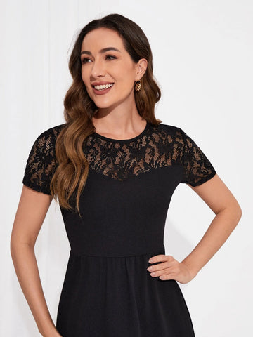 EMERY ROSE Contrast Lace Ruffle Hem Dress