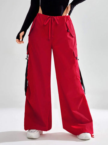 EZwear Buckle Strap Detail Flap Pocket Drawstring Waist Cargo Pants