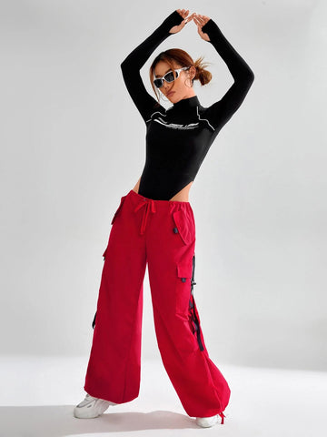 EZwear Buckle Strap Detail Flap Pocket Drawstring Waist Cargo Pants