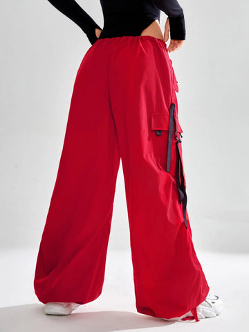 EZwear Buckle Strap Detail Flap Pocket Drawstring Waist Cargo Pants