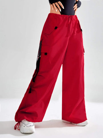 EZwear Buckle Strap Detail Flap Pocket Drawstring Waist Cargo Pants