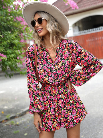 EMERY ROSE Allover Floral Print Notched Neck Lantern Sleeve Romper