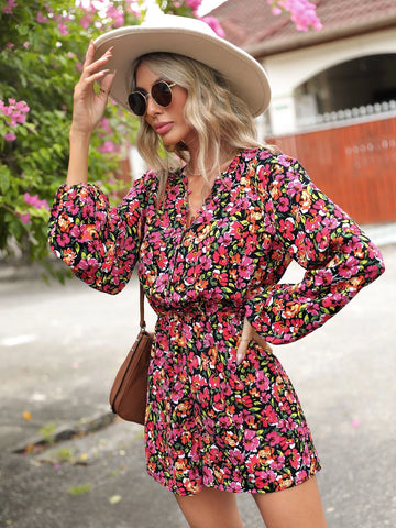 EMERY ROSE Allover Floral Print Notched Neck Lantern Sleeve Romper