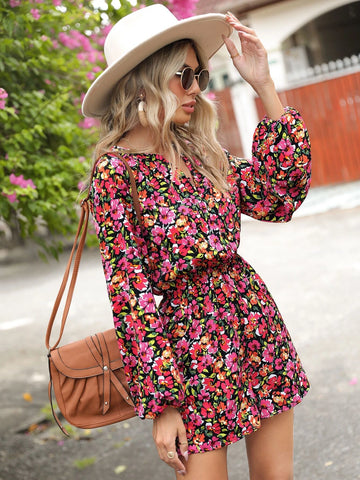 EMERY ROSE Allover Floral Print Notched Neck Lantern Sleeve Romper