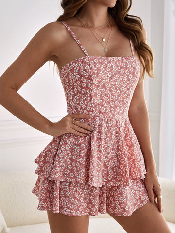 Frenchy Allover Floral Print Tie Backless Layered Hem Cami Romper