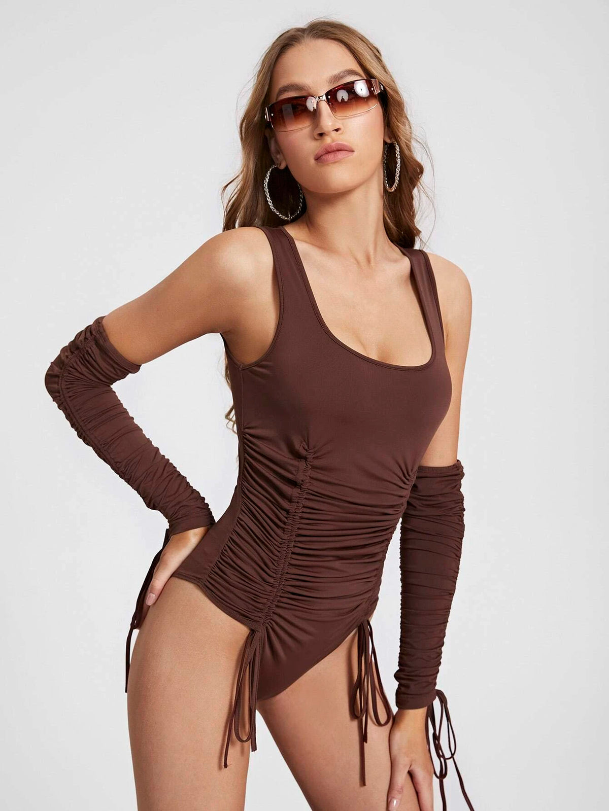 Drawstring Ruched Front Bodysuit With 1pair Oversleeves
