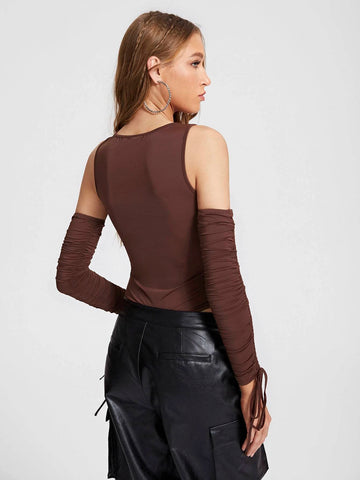 Drawstring Ruched Front Bodysuit With 1pair Oversleeves