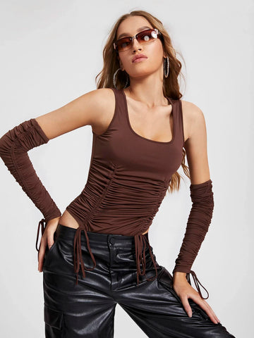 Drawstring Ruched Front Bodysuit With 1pair Oversleeves