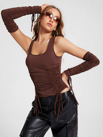 Drawstring Ruched Front Bodysuit With 1pair Oversleeves