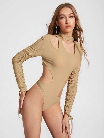 Cut Out Drawstring Side Ruched Sleeve Bodysuit