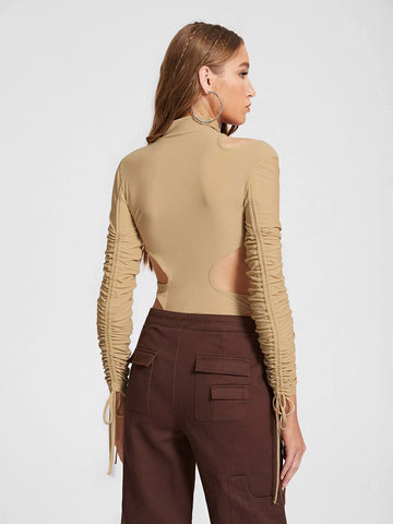 Cut Out Drawstring Side Ruched Sleeve Bodysuit