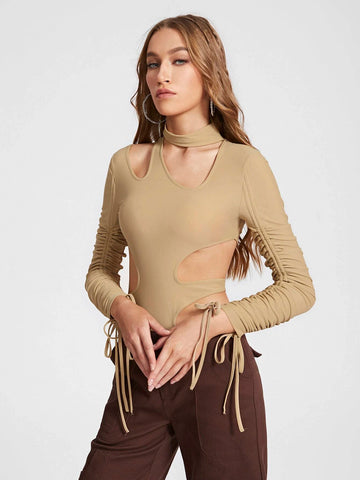 Cut Out Drawstring Side Ruched Sleeve Bodysuit