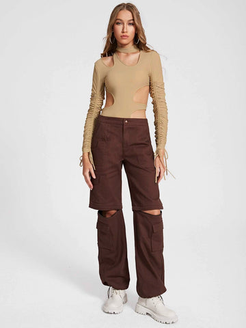Cut Out Drawstring Side Ruched Sleeve Bodysuit