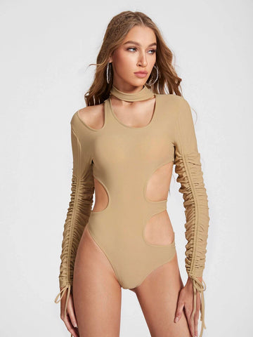 Cut Out Drawstring Side Ruched Sleeve Bodysuit