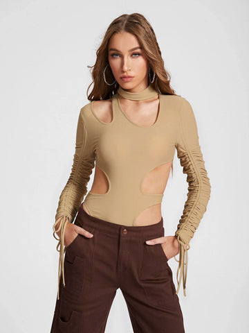 Cut Out Drawstring Side Ruched Sleeve Bodysuit
