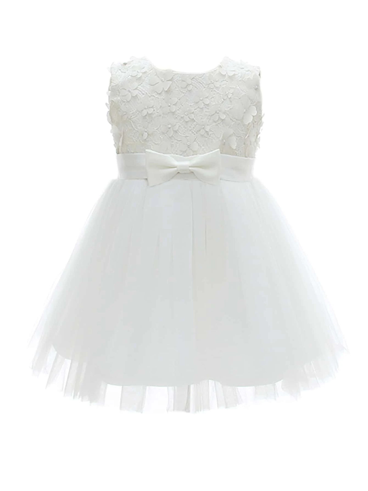 Baby Bow Front Floral Applique Mesh Hem Party Dress