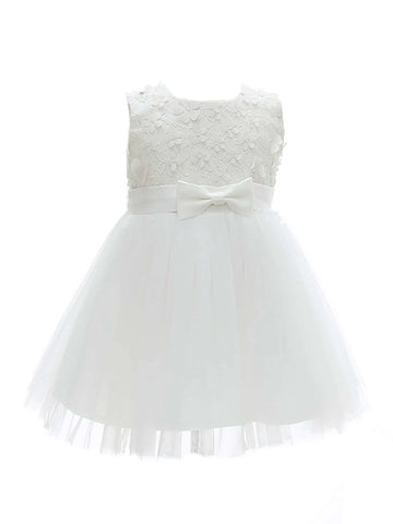 Baby Bow Front Floral Applique Mesh Hem Party Dress