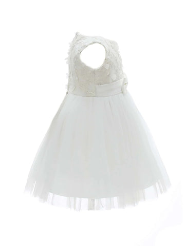 Baby Bow Front Floral Applique Mesh Hem Party Dress