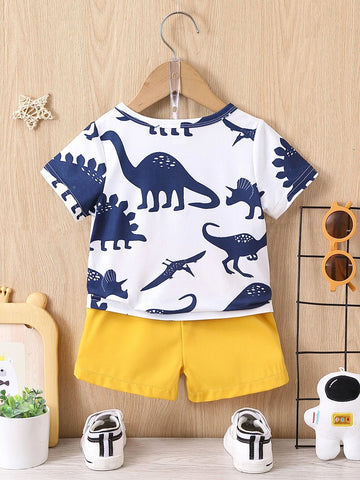 Baby Dinosaur Print Patched Pocket Tee & Shorts