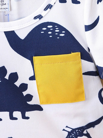 Baby Dinosaur Print Patched Pocket Tee & Shorts