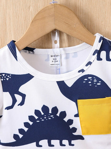 Baby Dinosaur Print Patched Pocket Tee & Shorts