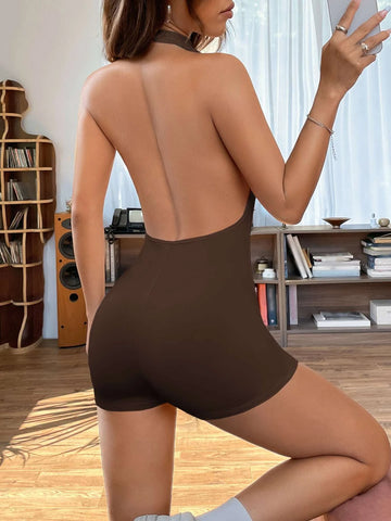Solid Backless Halter Unitard Romper