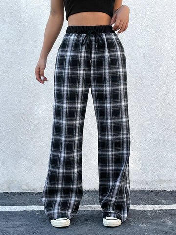 EZwear Plaid Print Drawstring Waist Pants