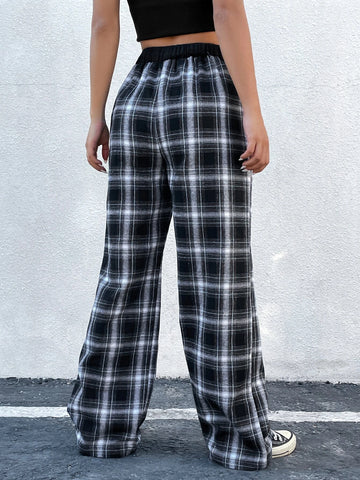 EZwear Plaid Print Drawstring Waist Pants