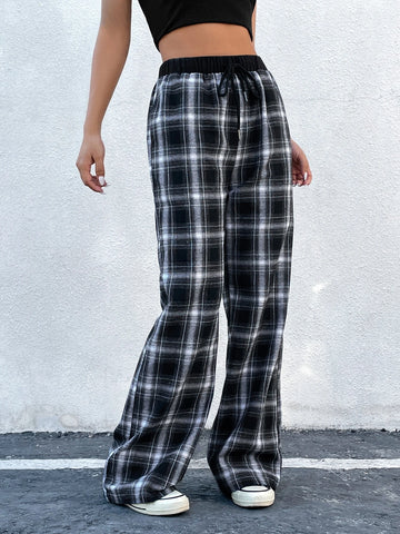 EZwear Plaid Print Drawstring Waist Pants