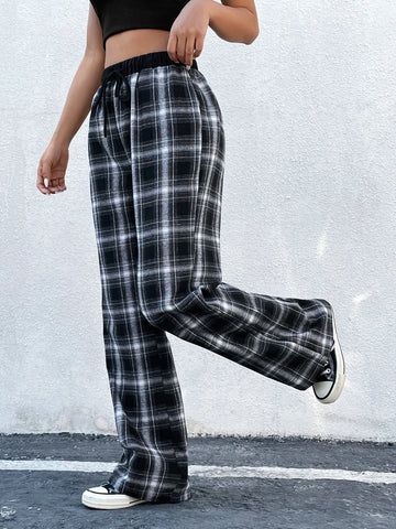 EZwear Plaid Print Drawstring Waist Pants
