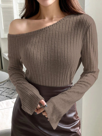 DAZY Asymmetrical Neck Split Sleeve Ribbed Knit Tee