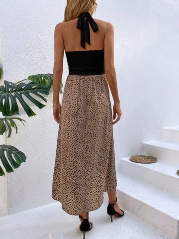 Dalmatian Print Wrap Hem Halter Dress