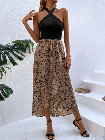 Dalmatian Print Wrap Hem Halter Dress