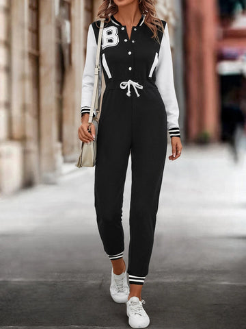 Letter Graphic Contrast Striped Drawstring Waist Jumpsuit
