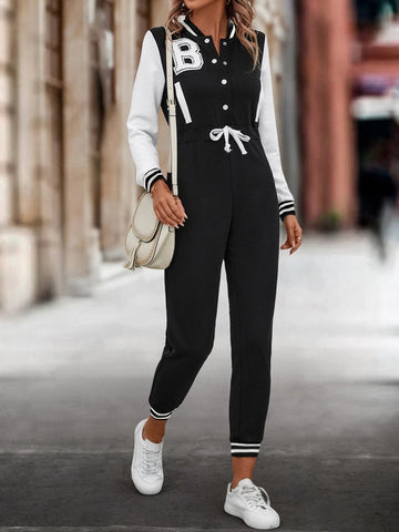Letter Graphic Contrast Striped Drawstring Waist Jumpsuit
